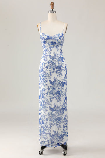 White Blue Printed Floral Spaghetti Straps Long Bridesmaid Dress